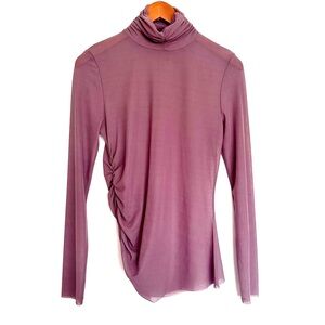 Zara Mauve Brown Sheer Runched Turtleneck Blouse Top Size Large